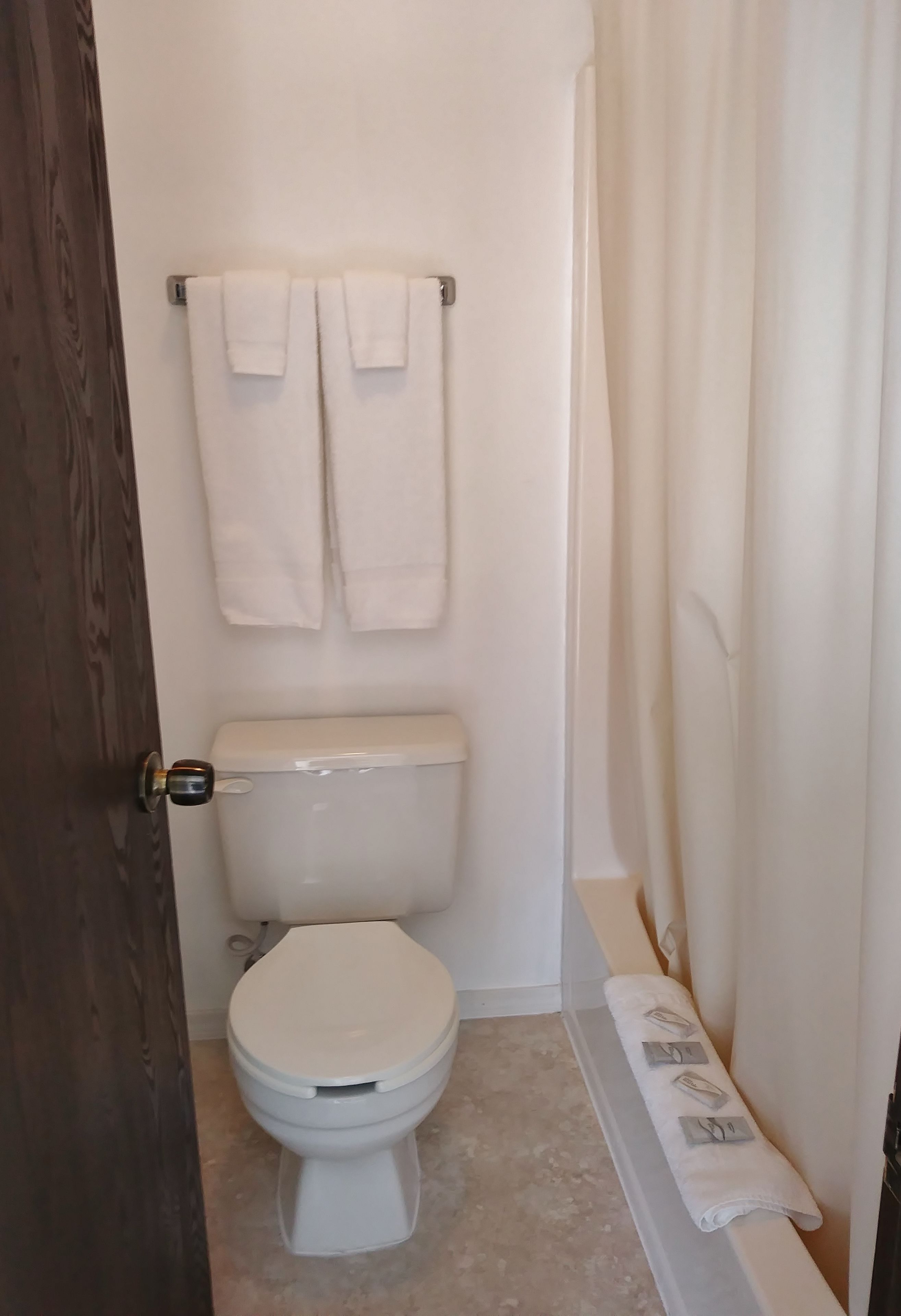 A small bathroom with a toilet, two towels hanging on a rack, and a shower curtain.