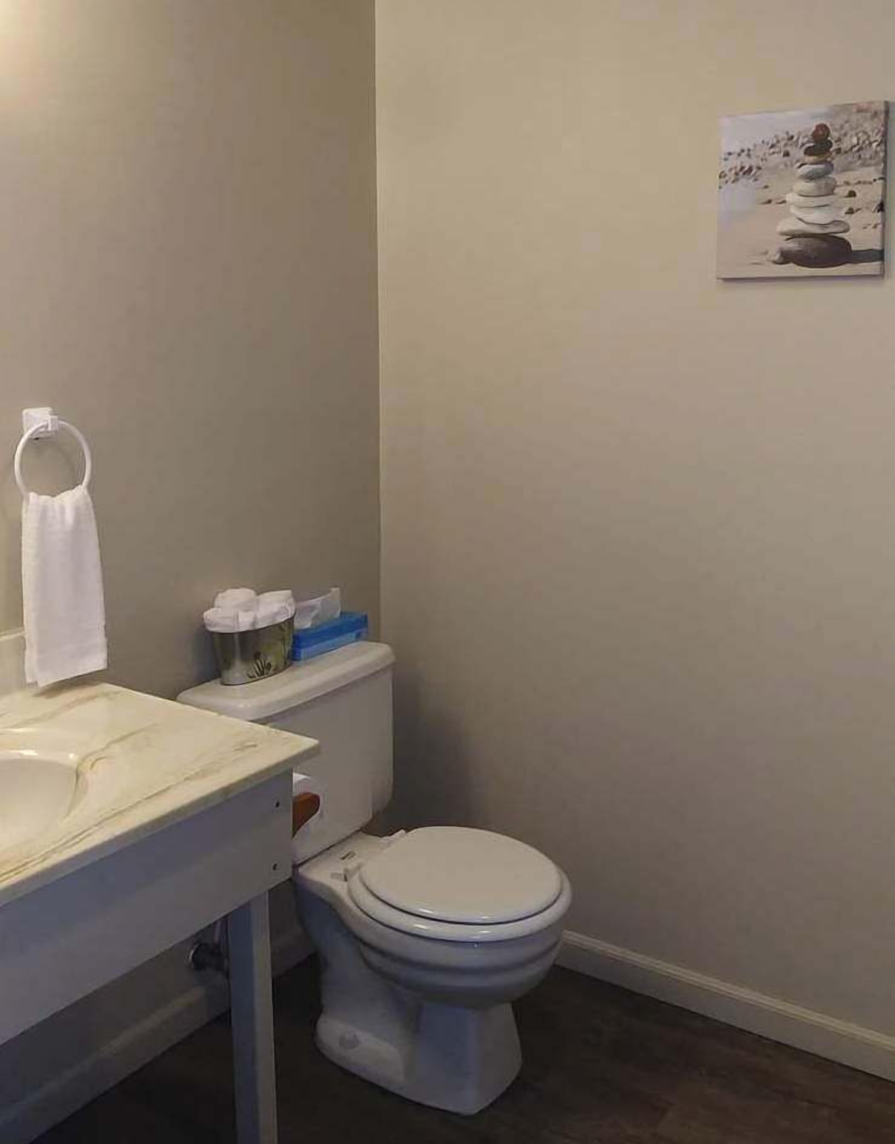 A bathroom with a toilet, sink, and a towel ring.