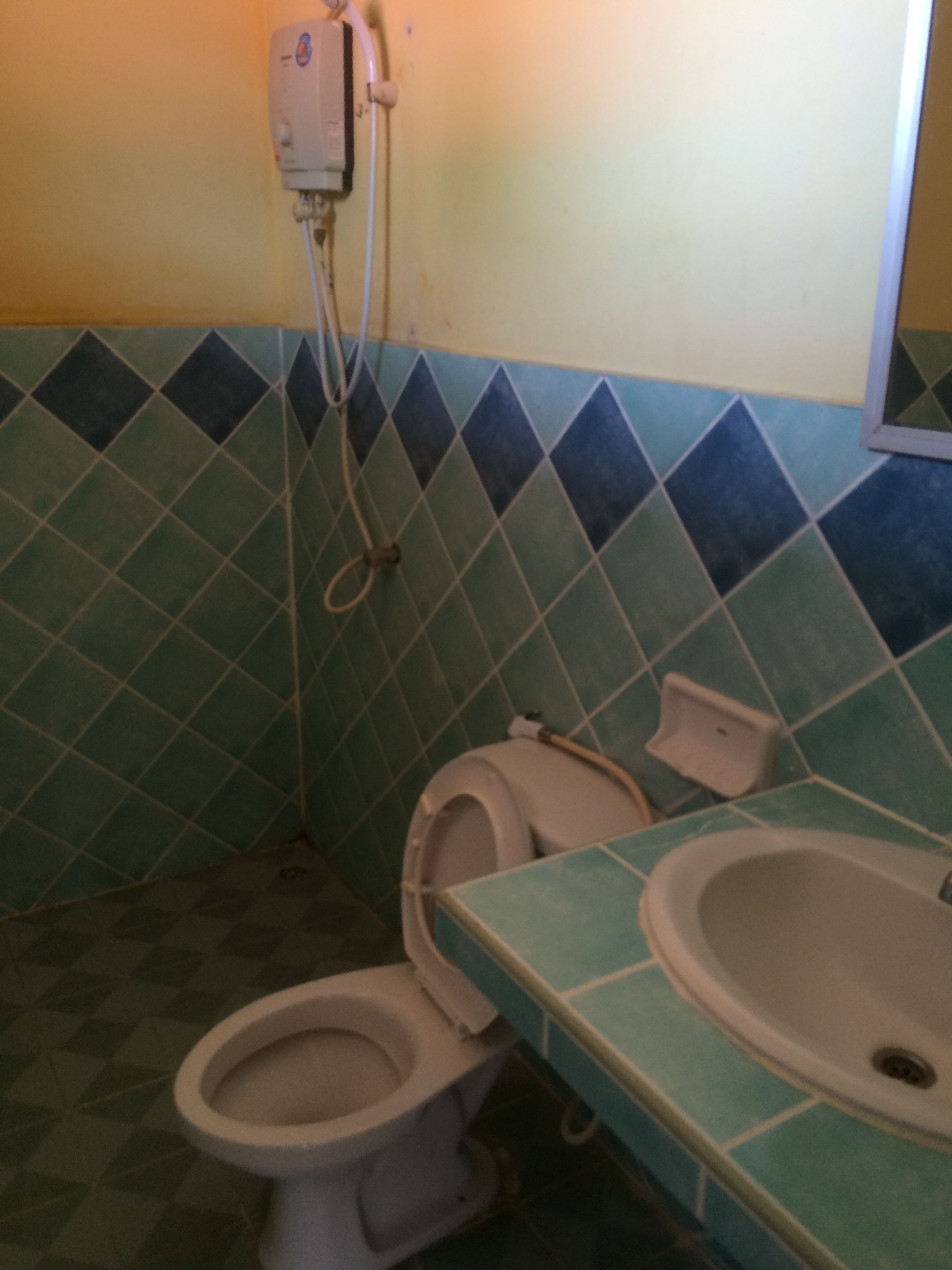 Ein Badezimmer mit Toilette und Waschbecken, geflieste Wände und einem Händetrockner.