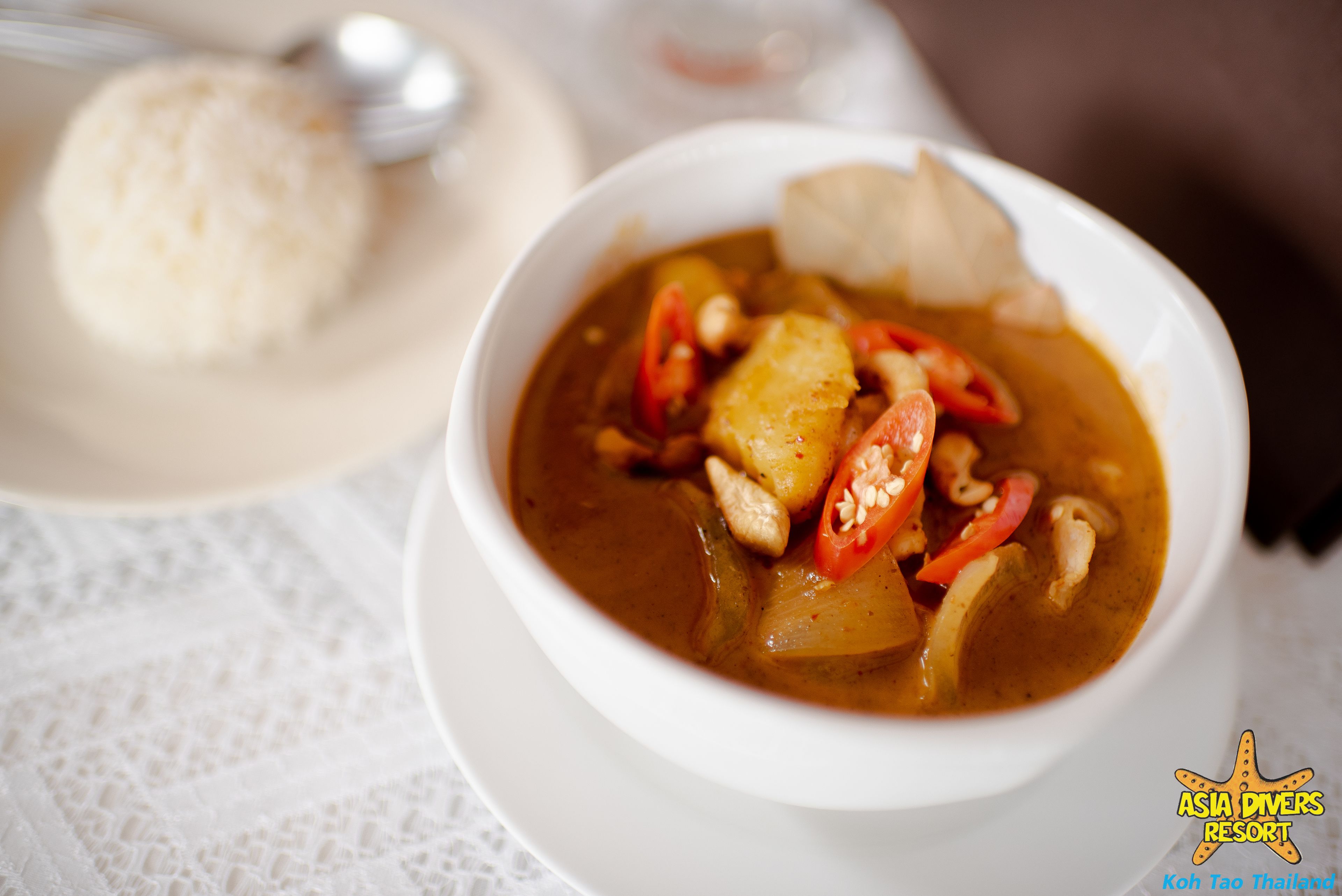 A bowl of curry with vegetables and a side of rice on a white plate.