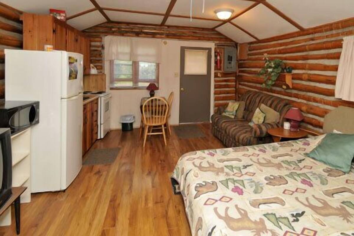 Una cabaña de troncos con cocina, comedor y una cama con una manta estampada.