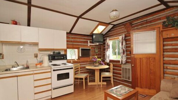A cozy cabin-style room with a kitchen, dining area, and a sofa.