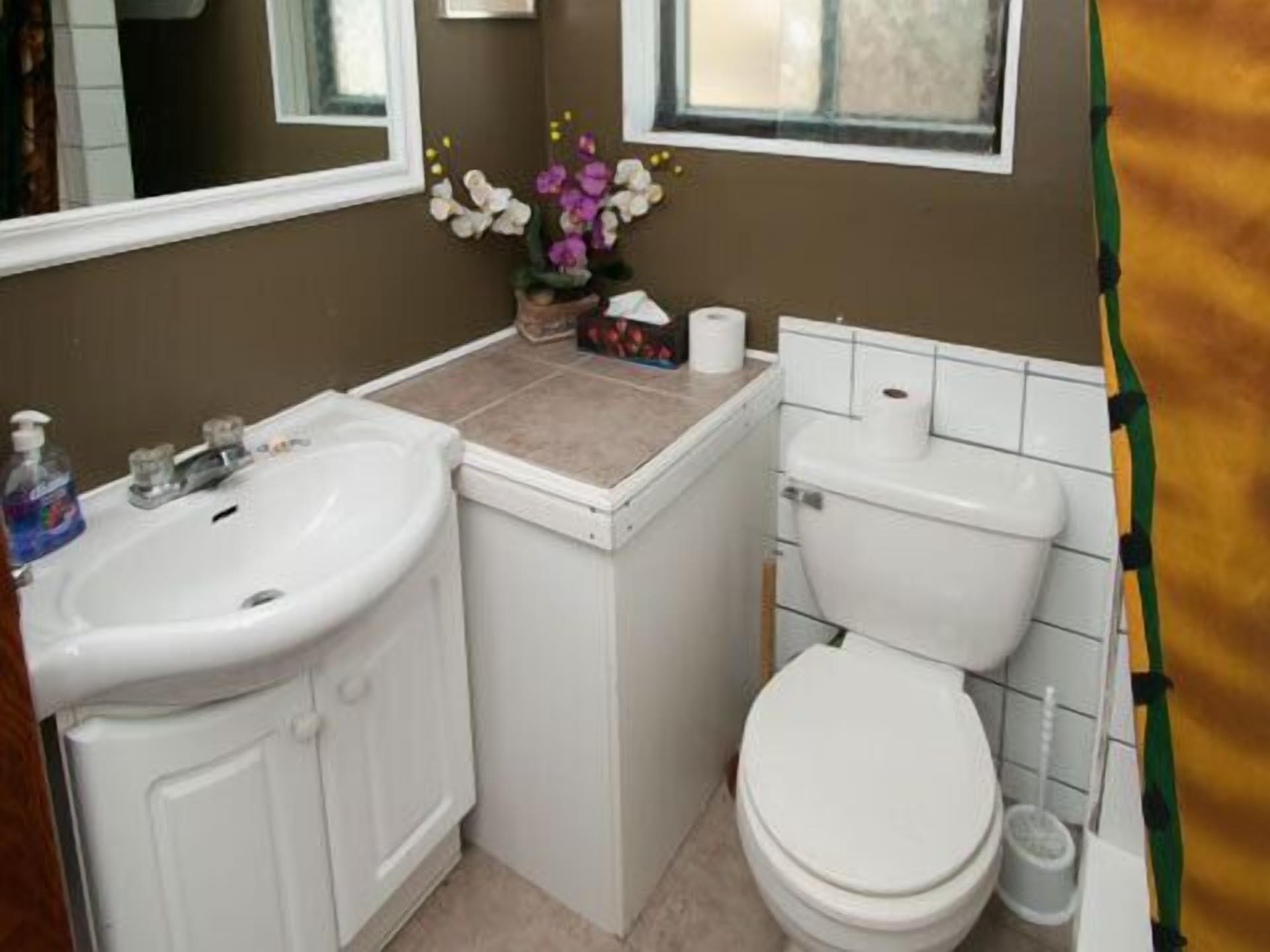 A bathroom with a white sink, toilet, and a small window above the sink.