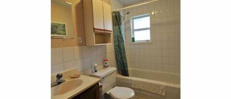 Ein Badezimmer mit Toilette, Waschbecken und Duschbereich.