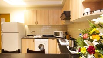 Full-sized fridge, microwave, oven, stovetop