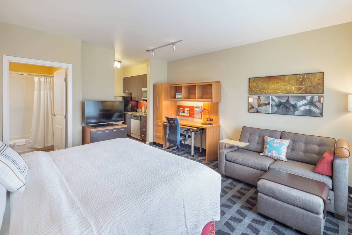 Une chambre d’hôtel comprenant un lit, un canapé, un bureau, une télévision et un coin cuisine.