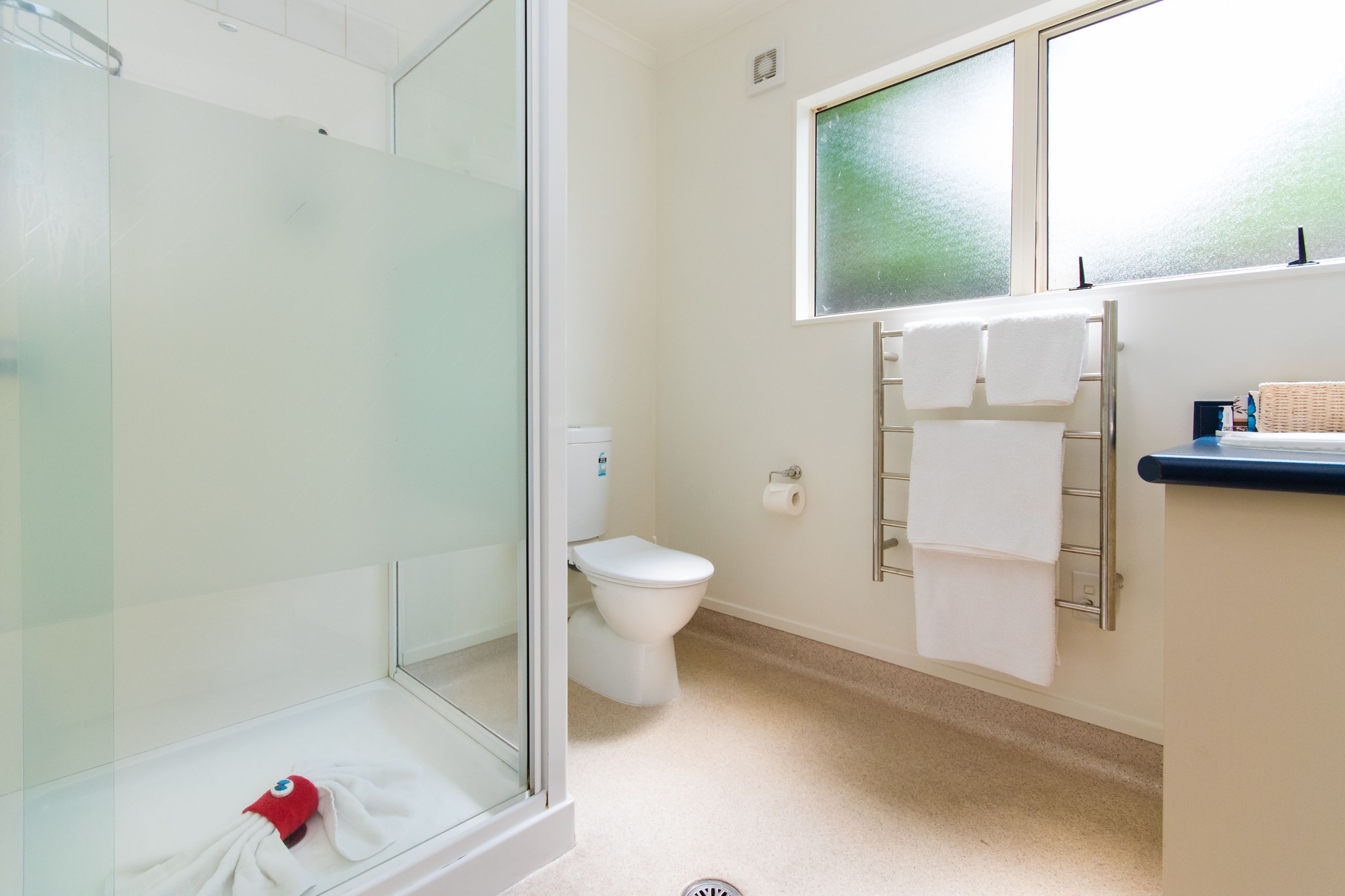 A bathroom with a glass shower enclosure, a toilet, a sink with a mirror, and a towel rack with towels.