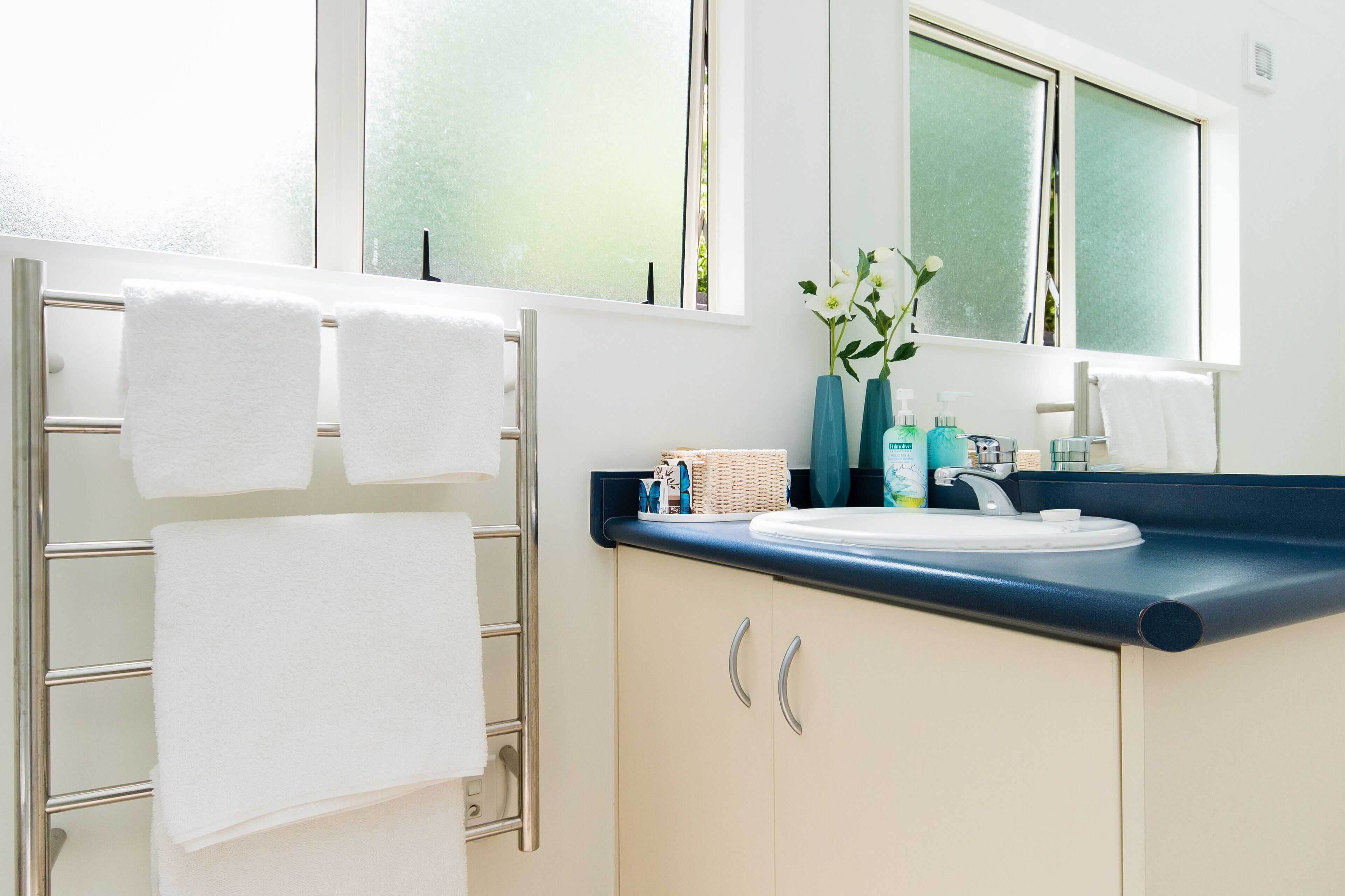 A bathroom with a towel rack, a sink, and a window with frosted glass.