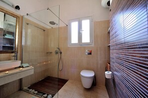 Shower, free toiletries, hair dryer, towels