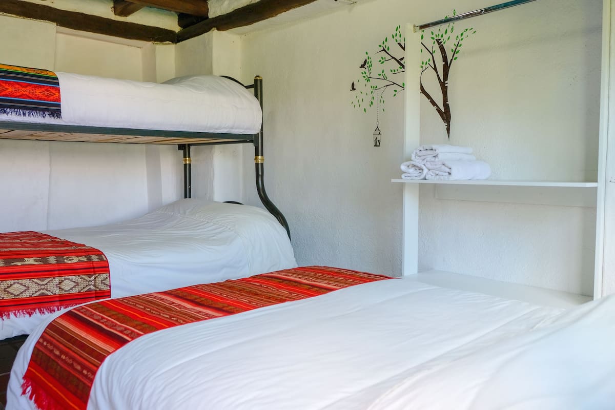 A dormitory room with bunk beds, a shelf with folded towels, and wall decorations of trees and birds.