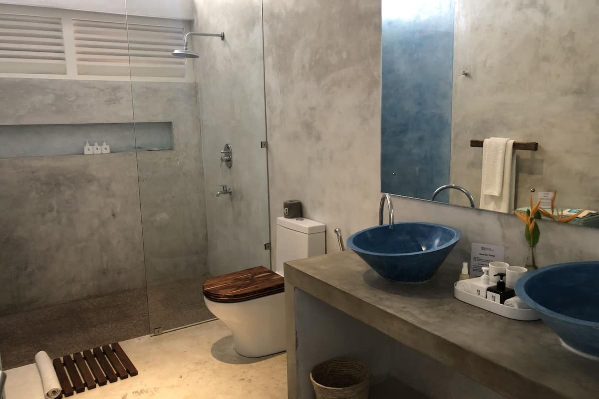 palm double room | bathroom | shower, rainfall showerhead, free toiletries, hair dryer