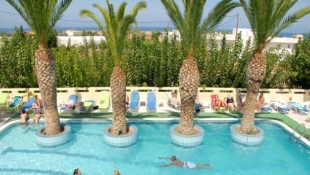 Una piscina con palmeras y sillas de descanso.