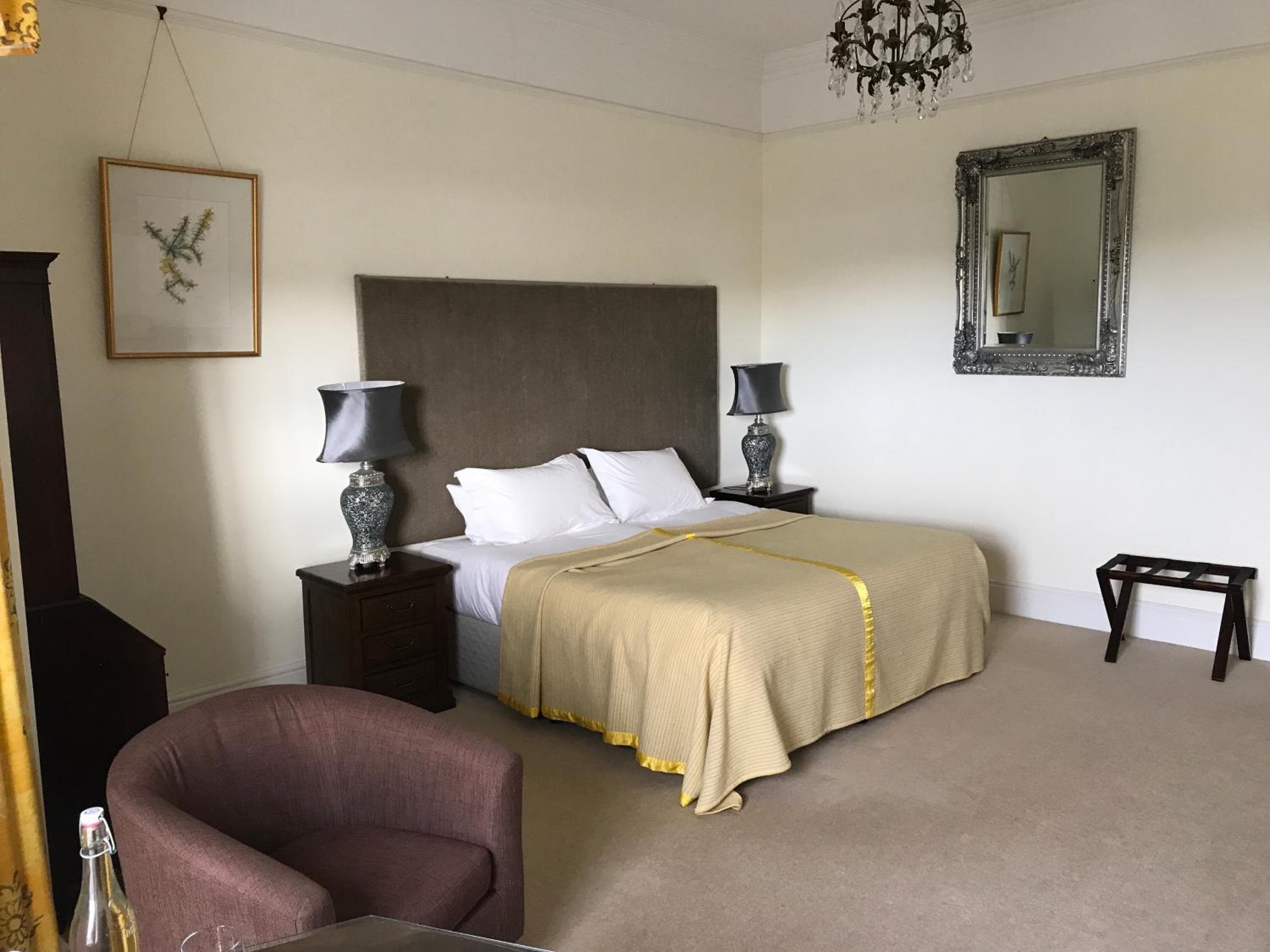 A hotel room with a large bed, two bedside tables with lamps, a chair, a chandelier, a mirror, and a framed picture on the wall.