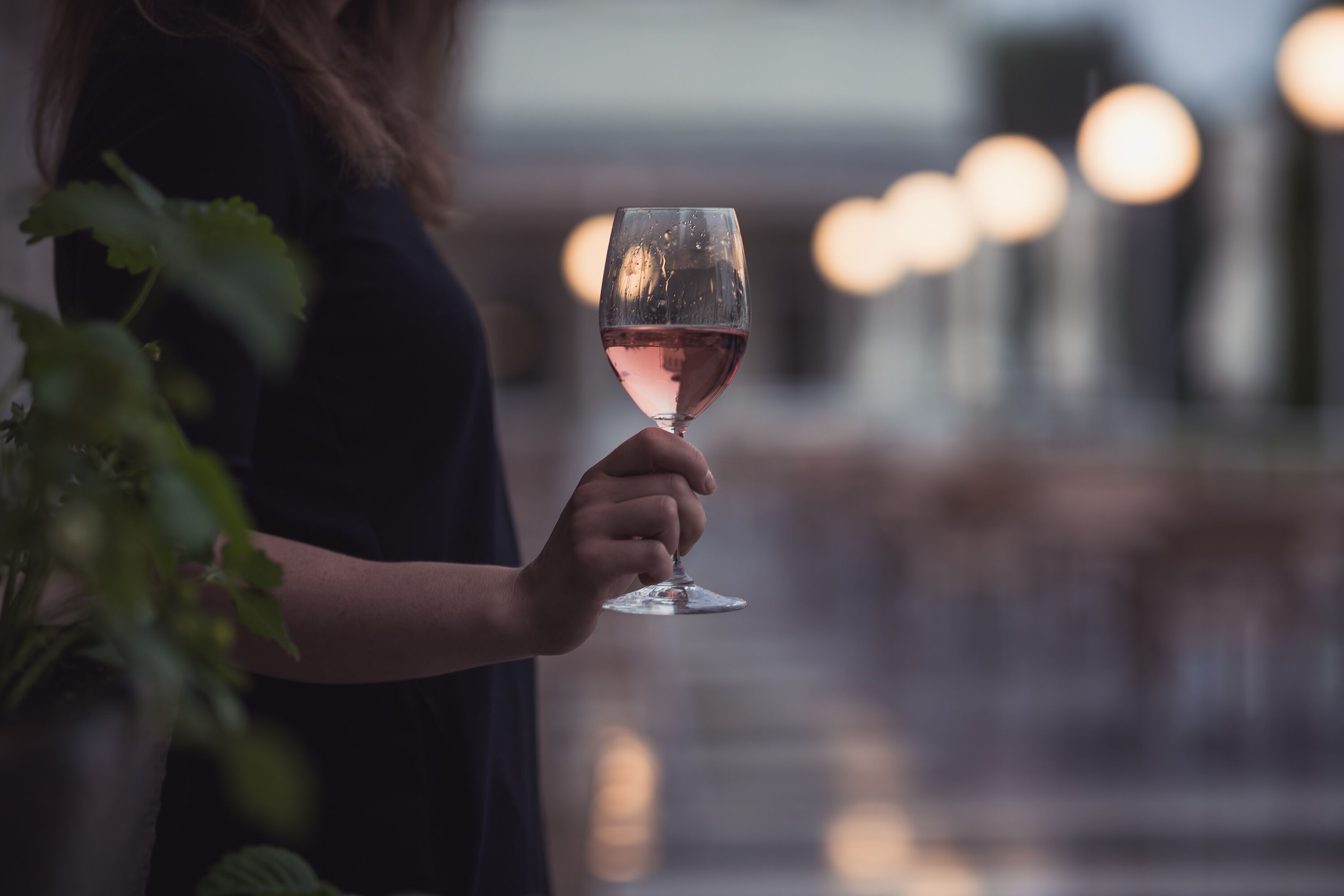 Una persona sosteniendo una copa de vino.