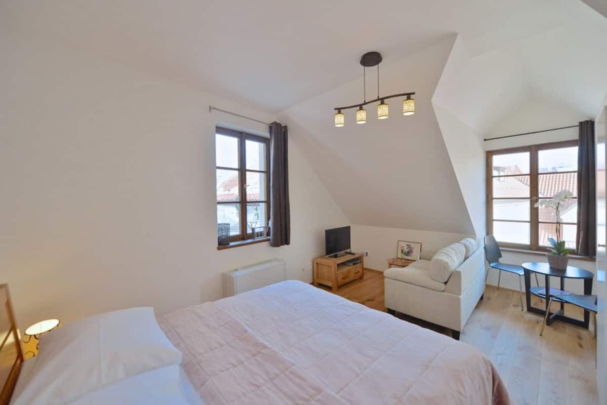 A bedroom with a bed, a TV, a sofa, a small table, and a window.
