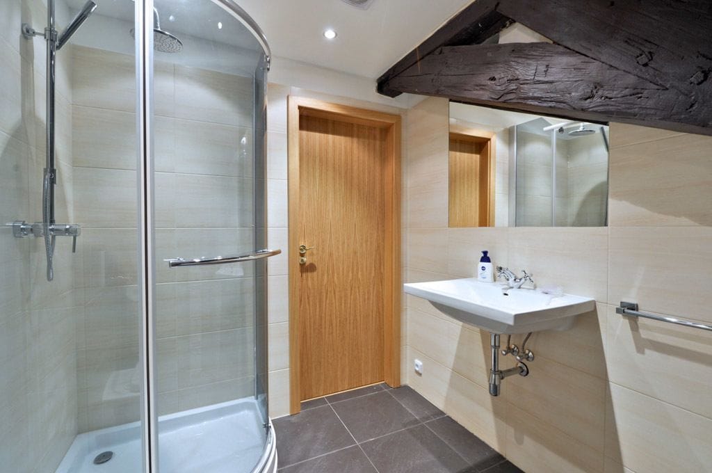Une salle de bain moderne avec une douche à parois de verre, une porte en bois et un lavabo blanc avec un miroir au-dessus.