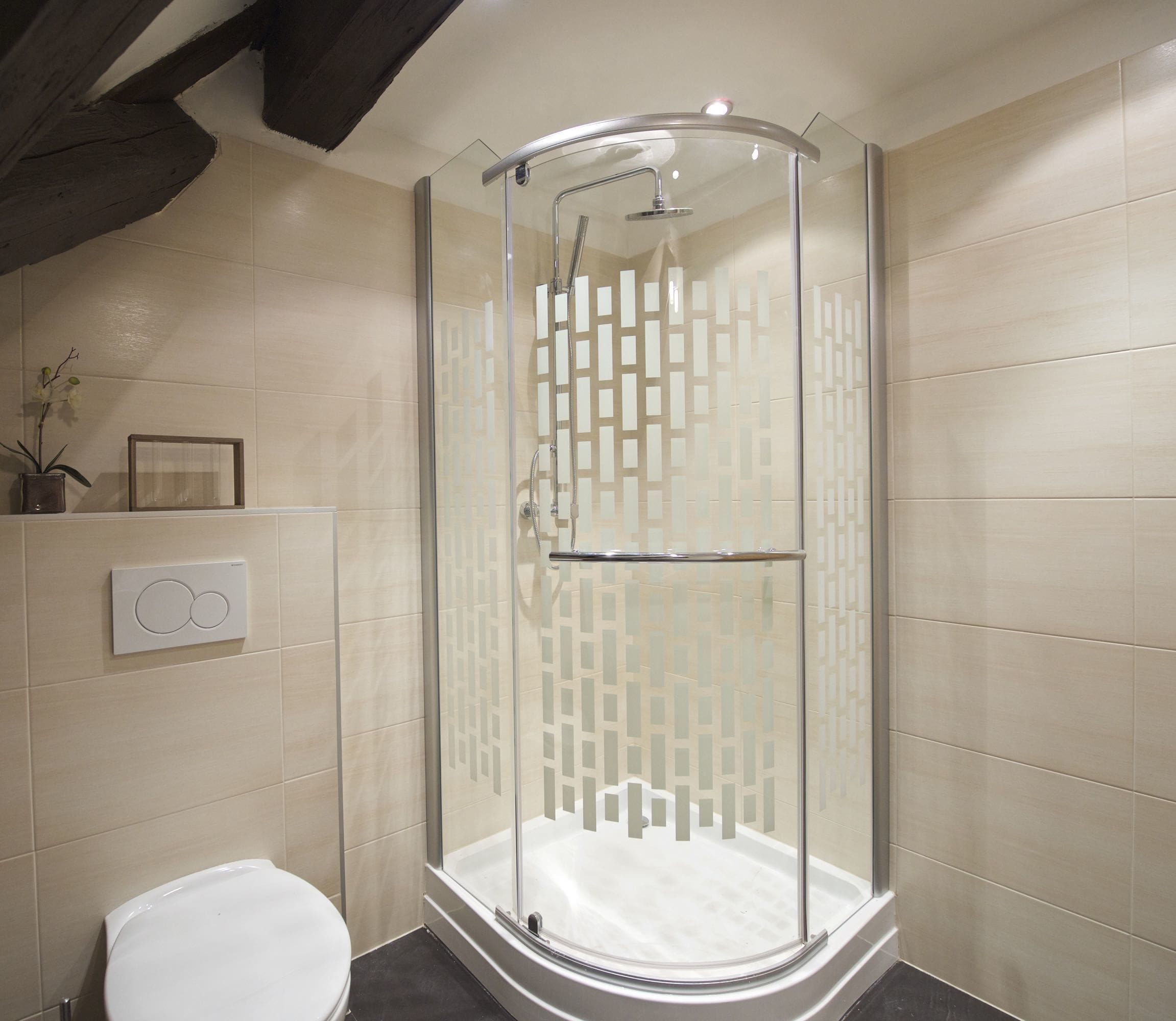 A modern bathroom with a glass-enclosed shower, a toilet, and a decorative panel with geometric patterns.