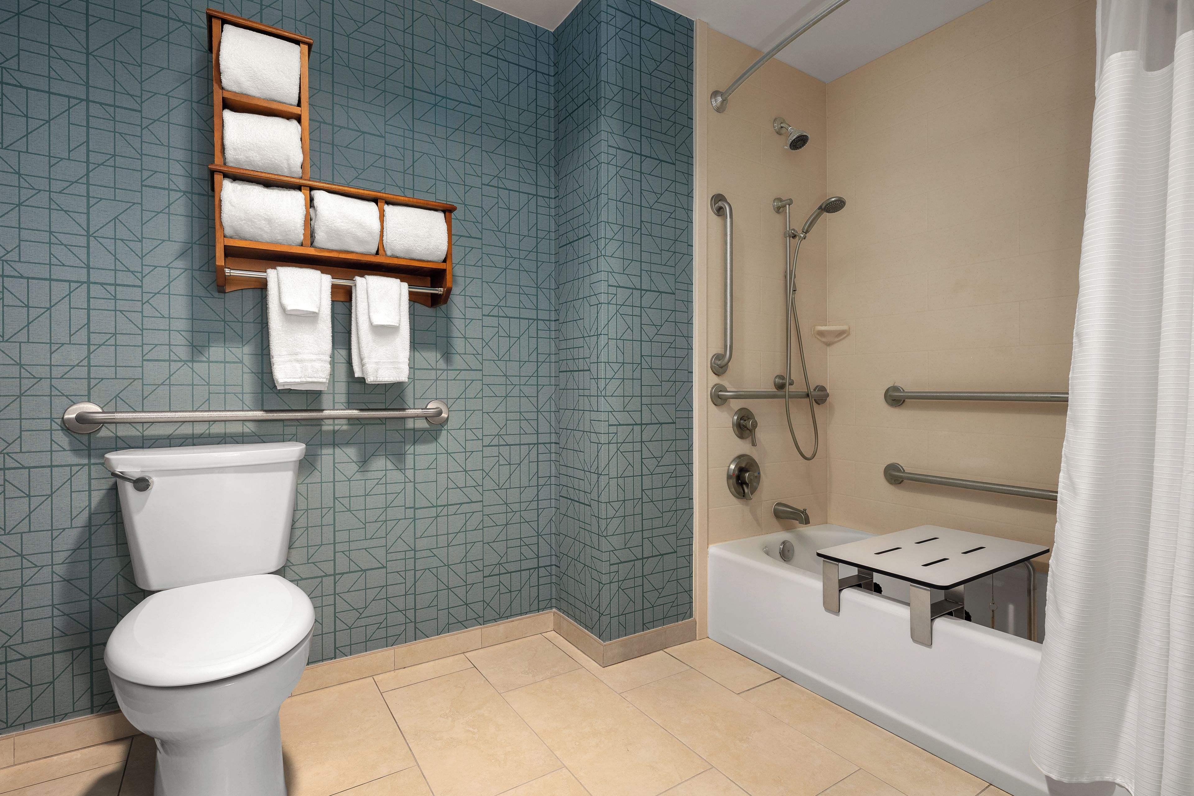 Une salle de bain équipée de toilettes, d’une douche avec des barres d’appui et d’un porte-serviettes.
