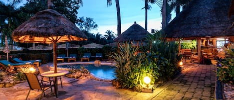 Outdoor pool, pool umbrellas, pool loungers