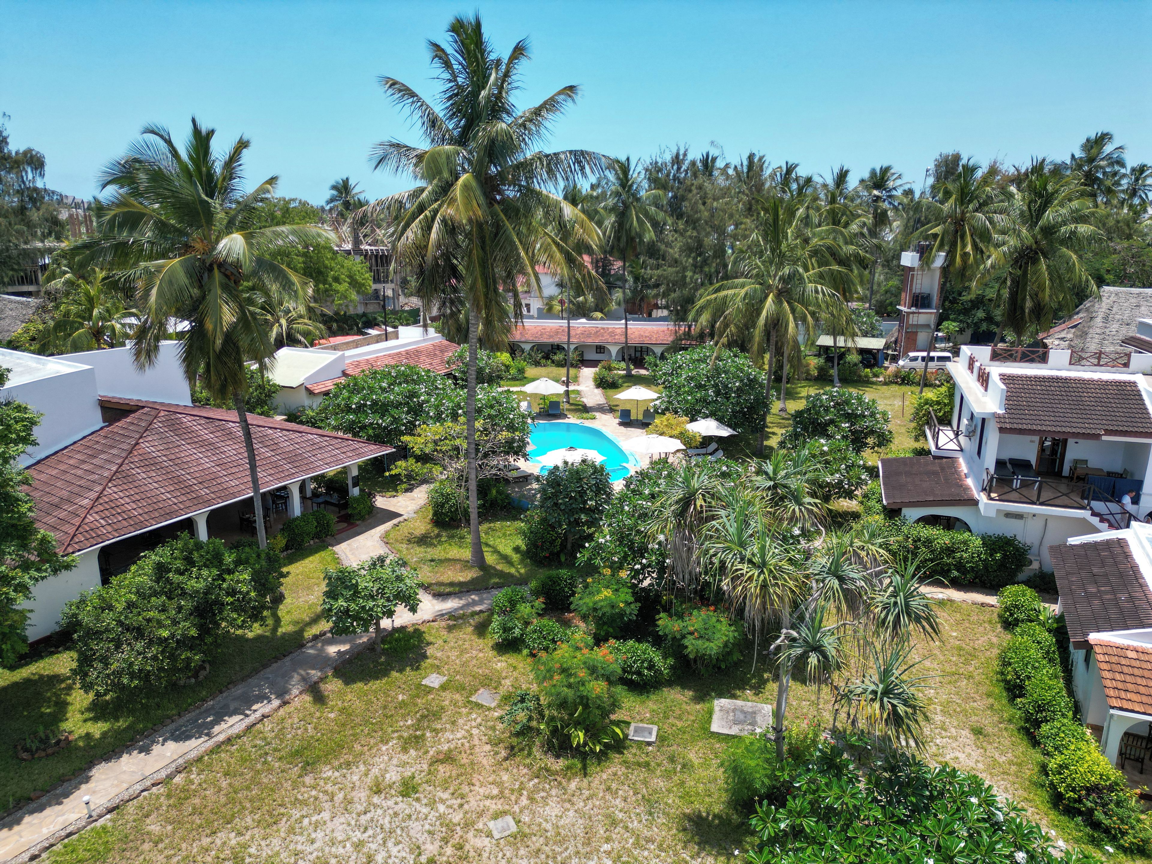 A residential area with a swimming pool surrounded by palm trees and houses with red-tiled roofs.