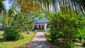 A pathway leading to a white building with a blue roof, surrounded by lush greenery and palm trees. - Flame Tree Cottages (Nungwi)