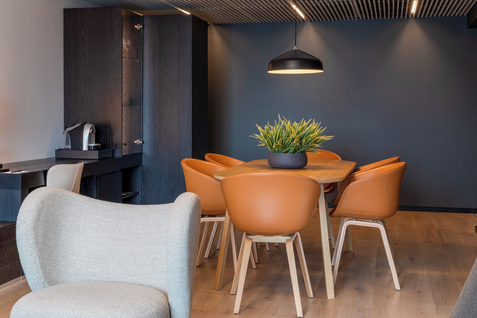 A modern dining area with a round table, six chairs, a potted plant, and a pendant light.