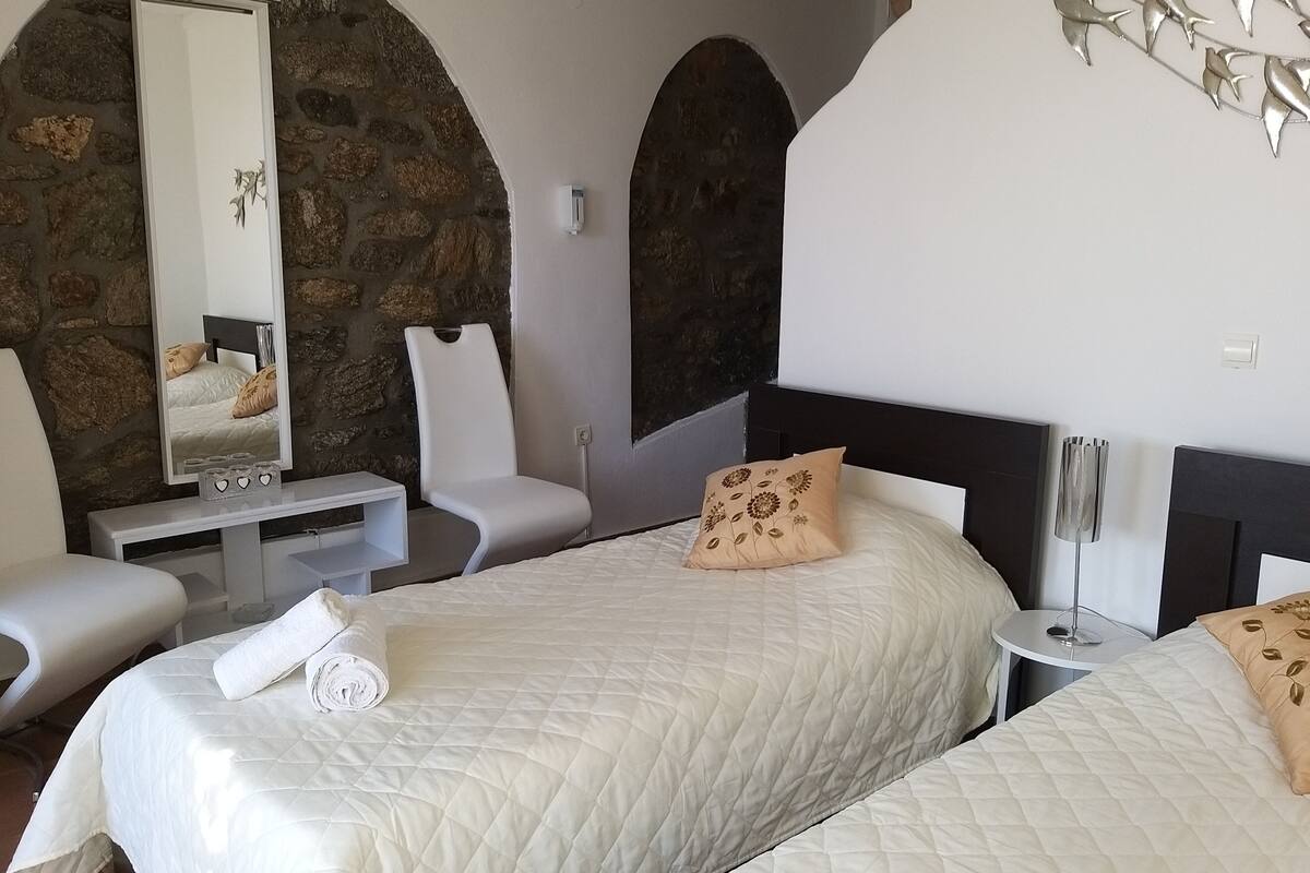 A bedroom with two beds, a stone wall, a mirror, a chair, and a bedside table.