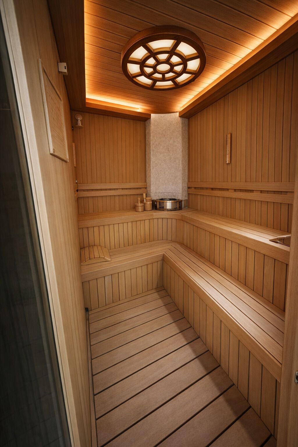 A sauna with wooden walls, a bench, and a circular ceiling light.