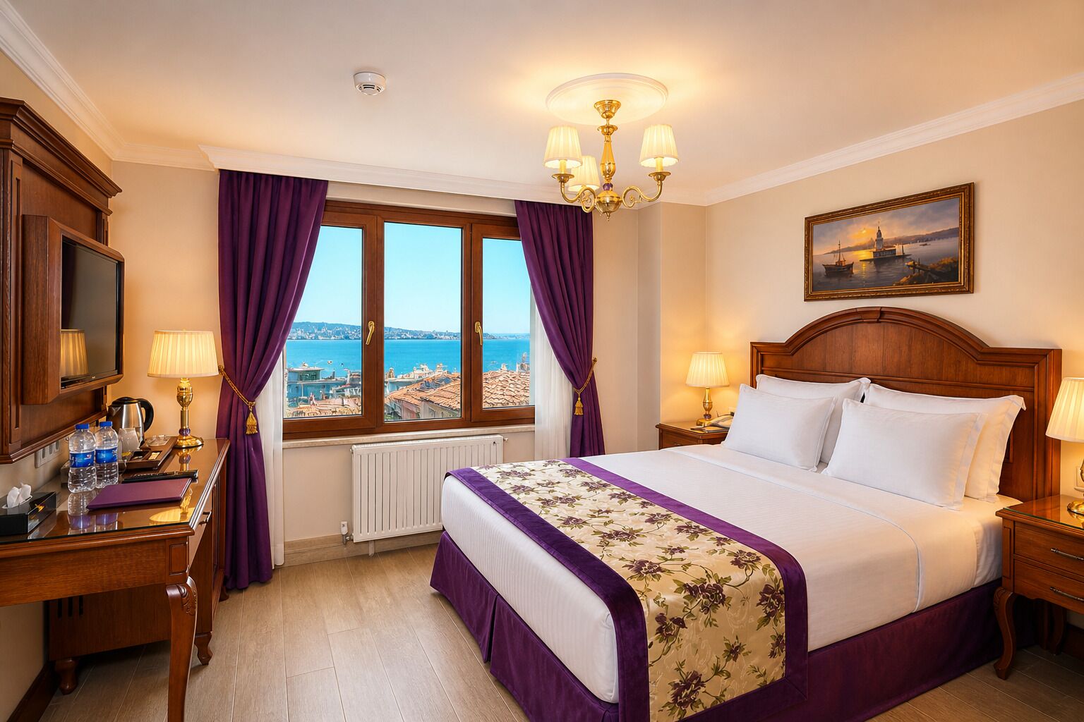 A hotel room with a bed, a desk with a lamp, a view of the sea, and a painting on the wall.