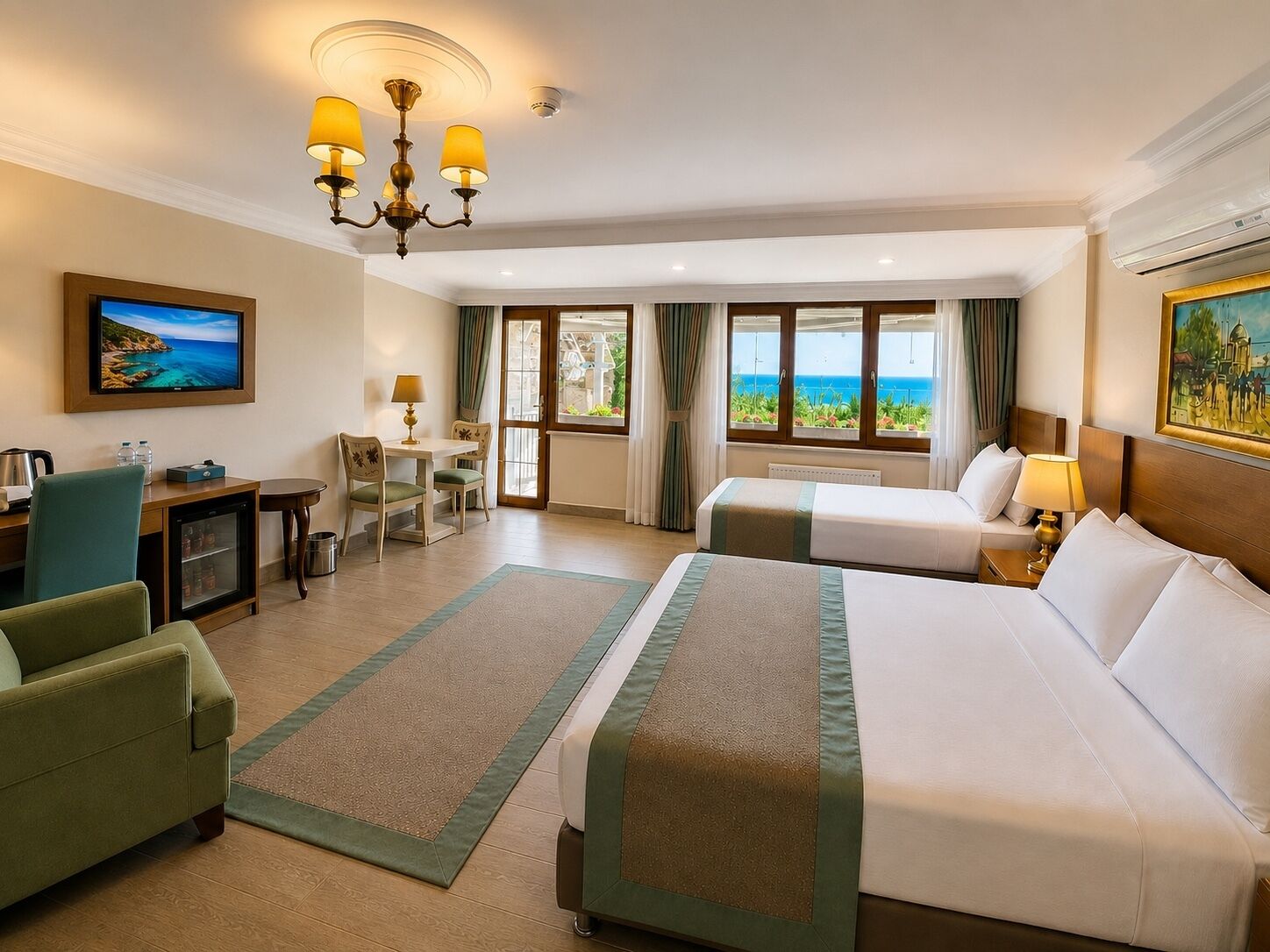 A hotel room with a bed, two bedside tables, a desk with a chair, a television, and a view of the ocean.