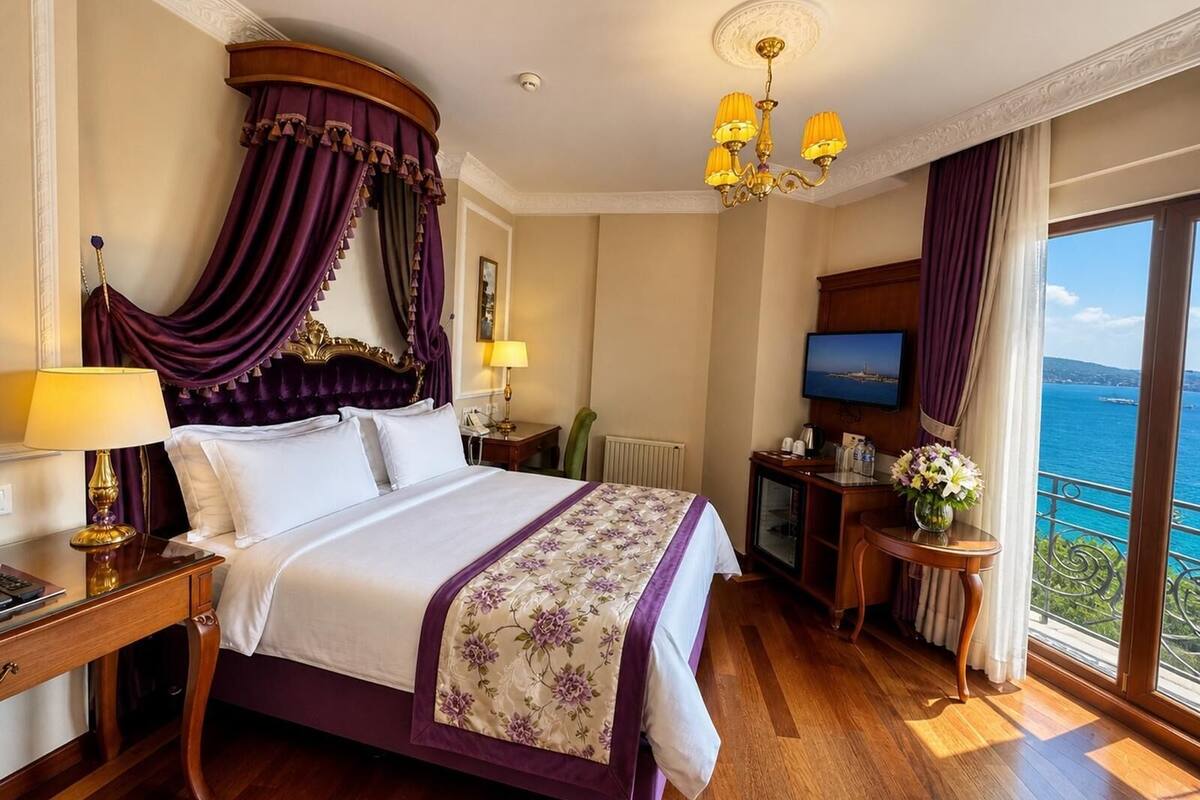 A hotel room with a bed, a desk, a television, and a view of the sea.