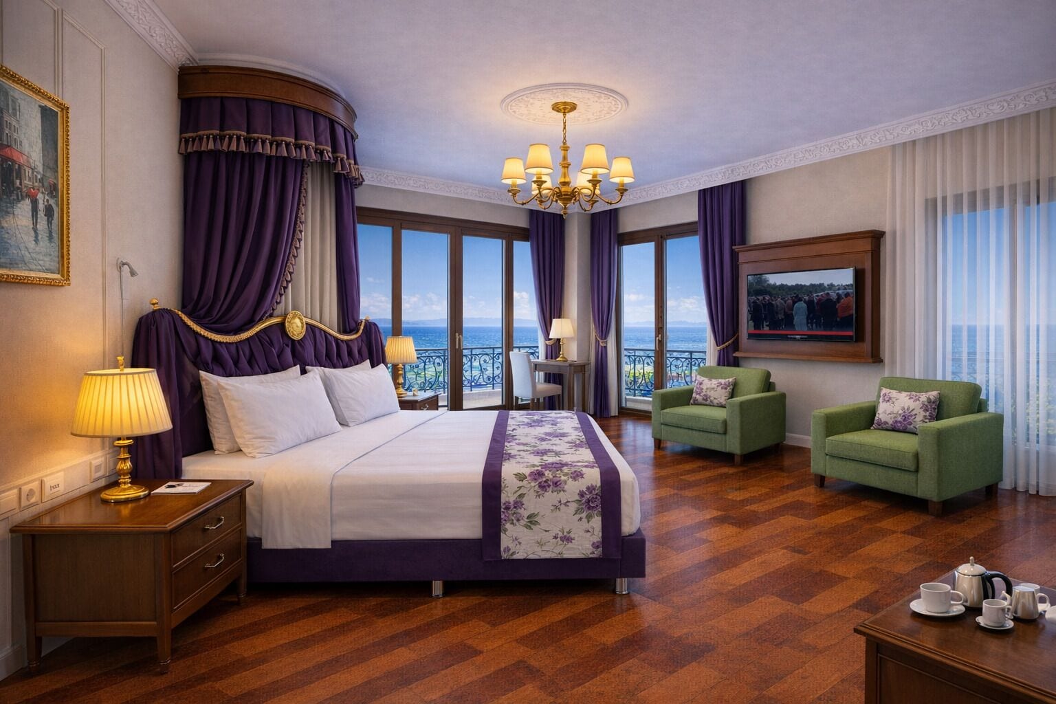 A hotel room with a bed, two green armchairs, a chandelier, a television, and a view of the sea.