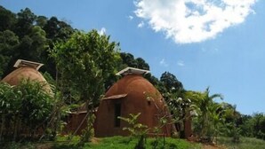 Uma estrutura tradicional com telhado de barro e uma pequena janela, rodeada por vegetação exuberante e árvores.