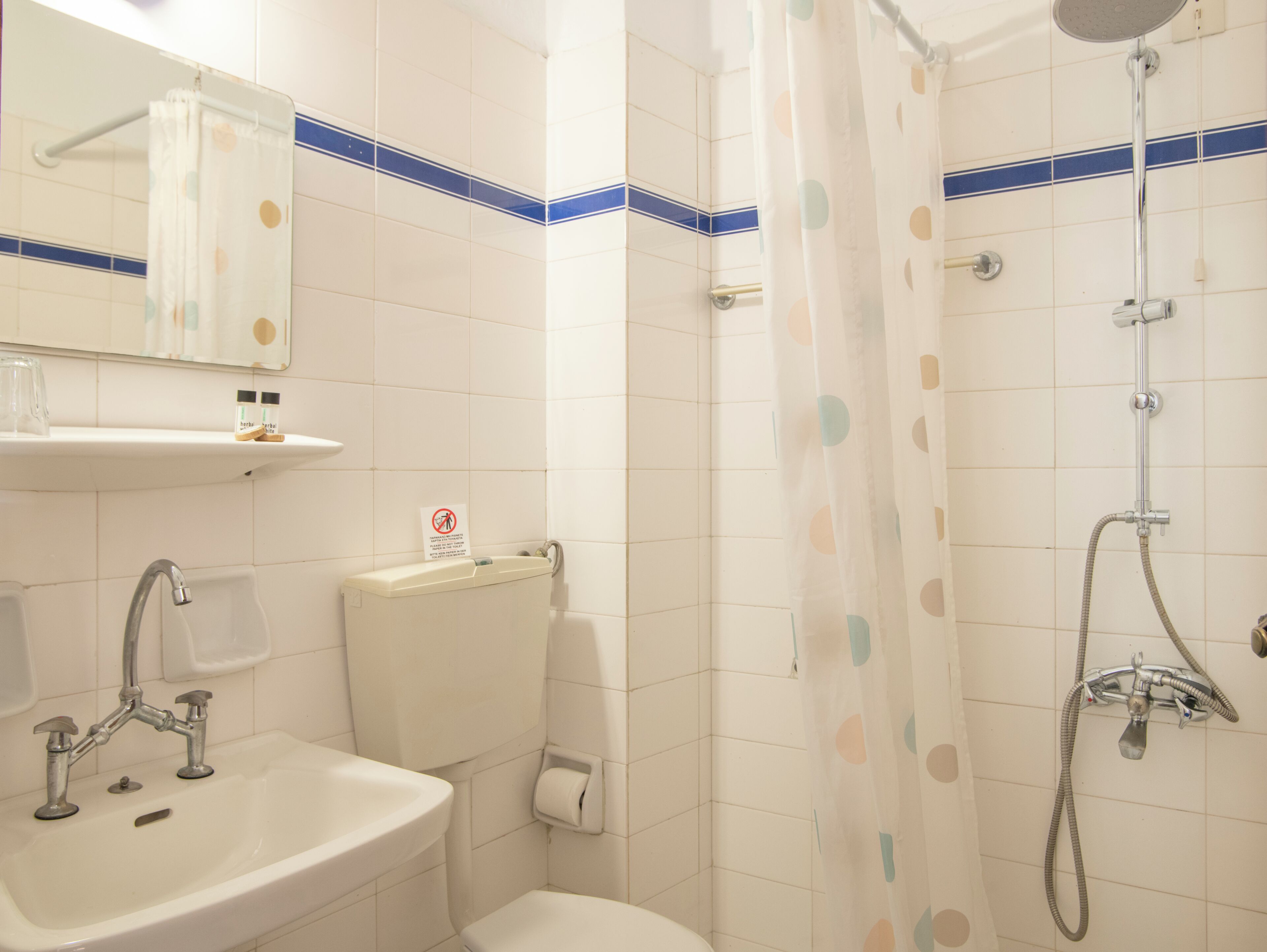 A bathroom with a sink, toilet, shower, and a mirror.