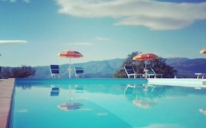 Seasonal outdoor pool, open 8:00 AM to 8:00 PM, pool umbrellas