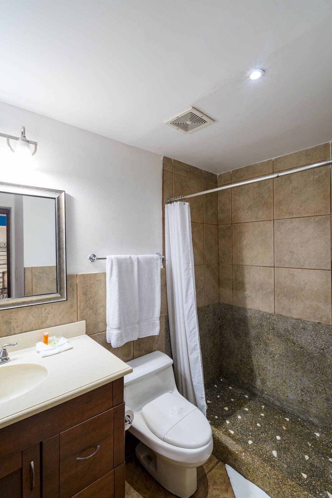 Un baño con inodoro, lavabo, espejo y ducha.