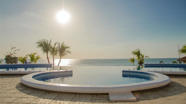 Ein Swimmingpool mit Blick auf den Ozean und Palmen.