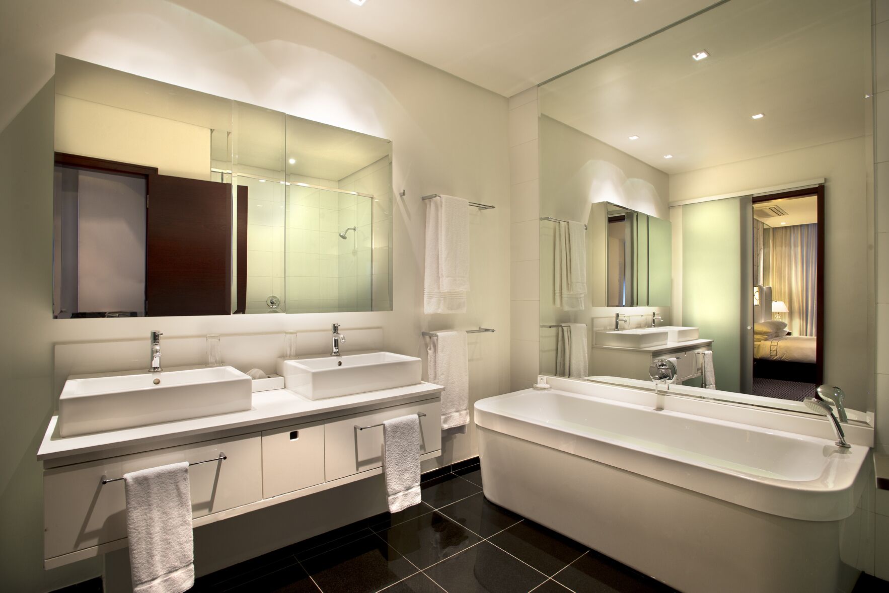 separate bathtub and shower, deep-soaking bathtub, rainfall showerhead