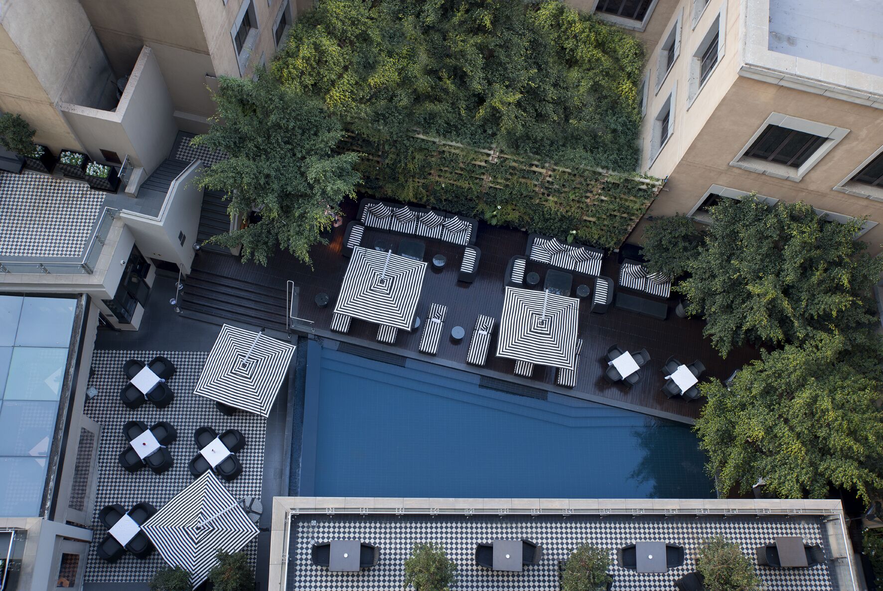 outdoor pool, pool umbrellas, pool loungers