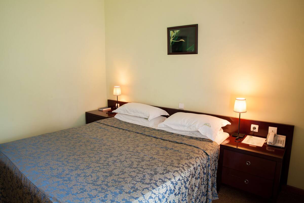 Una cama bien tendida con una colcha floral, dos lámparas de noche, una mesita de noche con un teléfono y un cuadro en la pared.