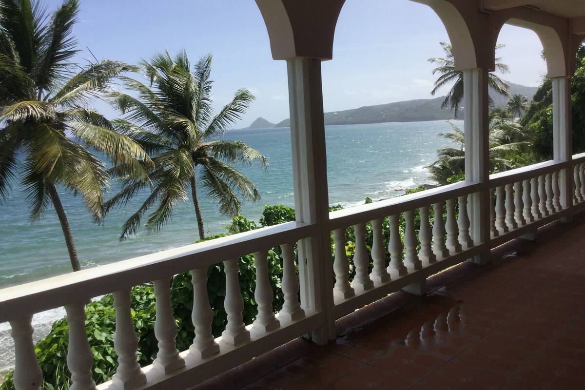 A covered balcony with a view of the sea and palm trees.