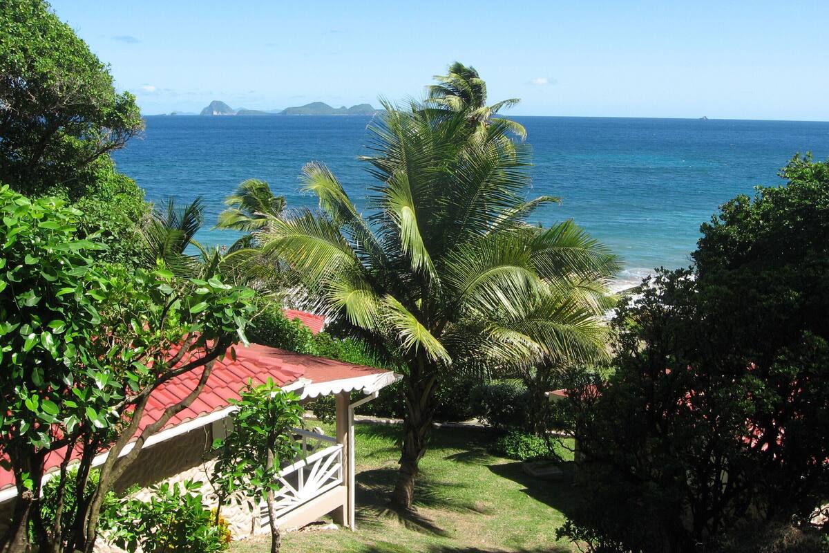 A coastal view with a building featuring a red roof, surrounded by lush greenery and palm trees.