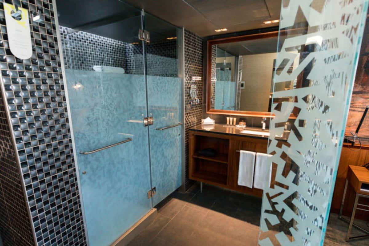 shower, hair dryer, slippers, towels