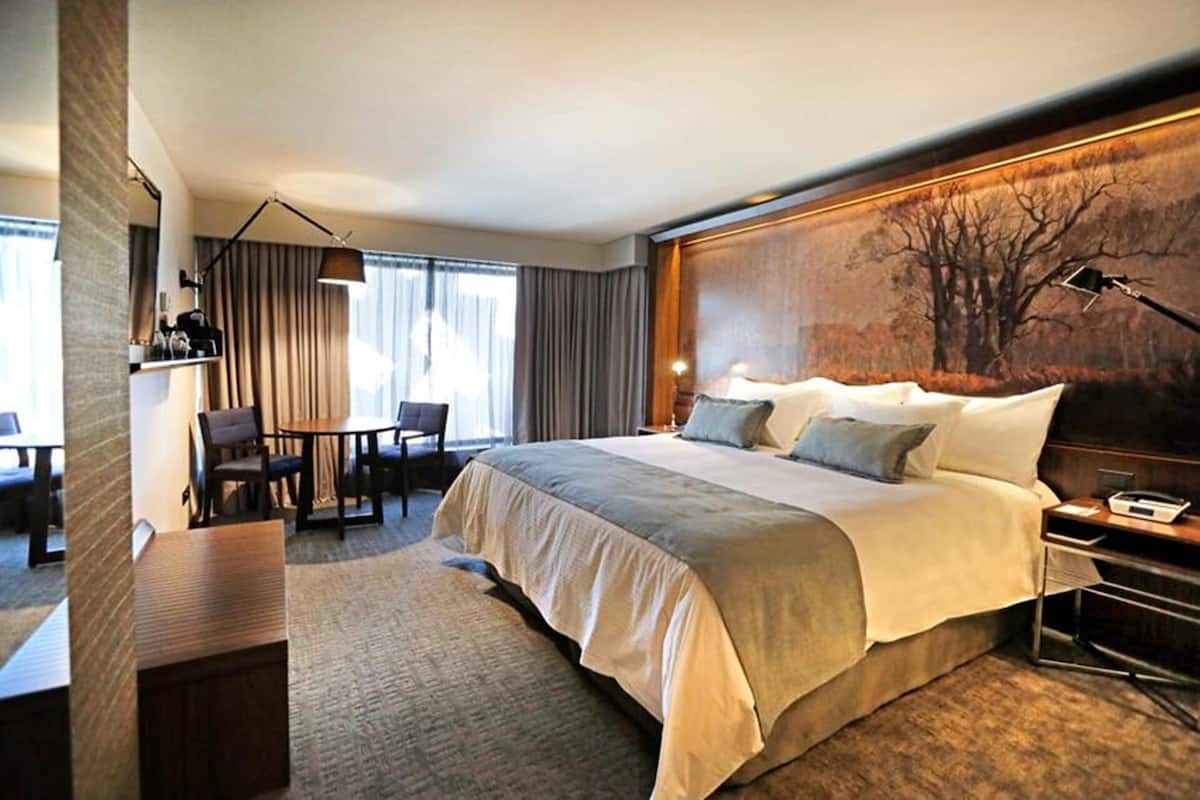 Habitación de hotel con una cama grande, un escritorio, una silla, una lámpara y un cuadro en la pared.