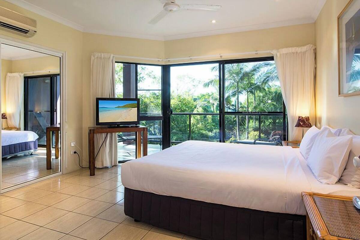 A hotel room with a large bed, a television on a stand, a ceiling fan, and a view of palm trees through the windows.