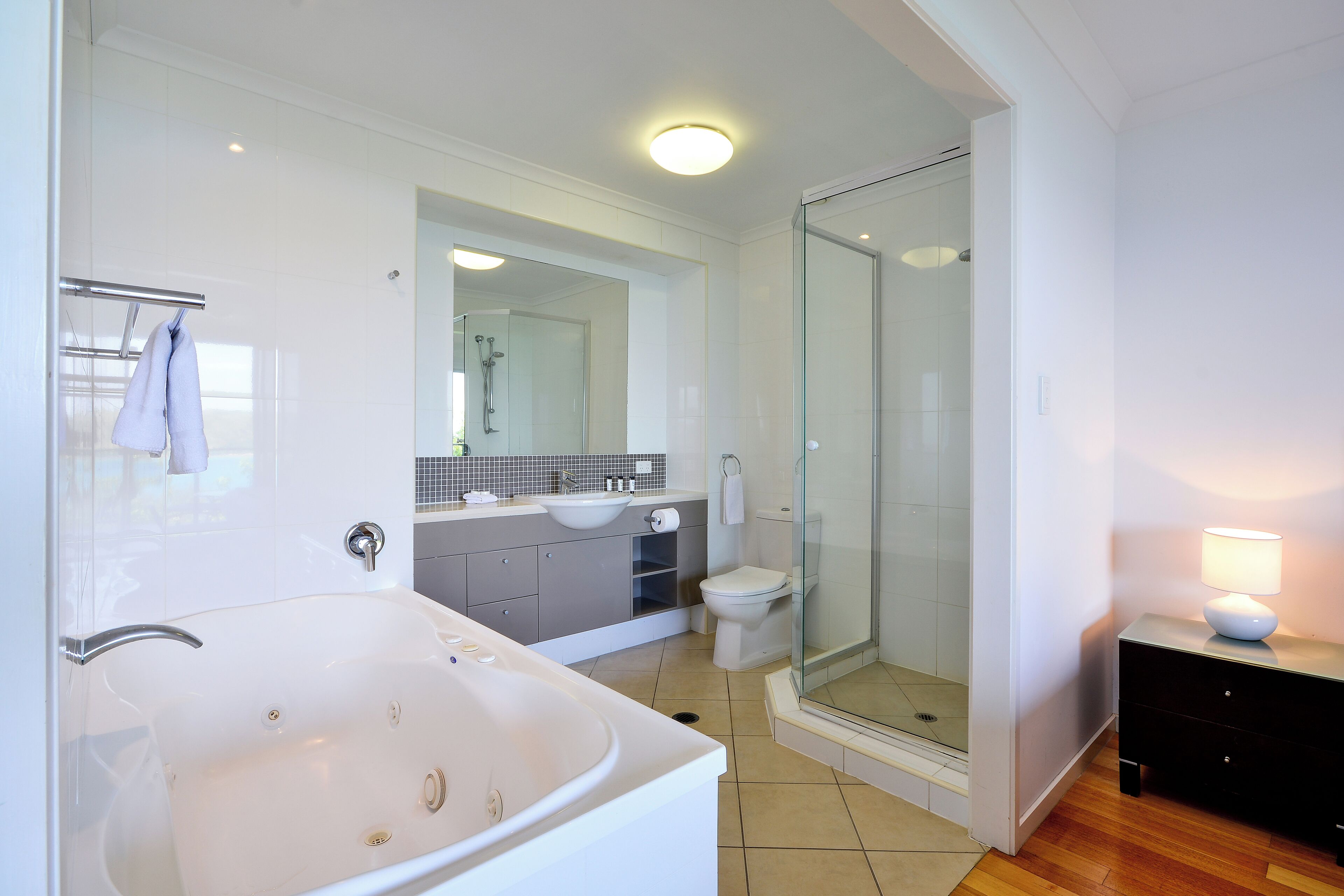 A modern bathroom with a bathtub, a glass-enclosed shower, a toilet, and a vanity with a mirror.