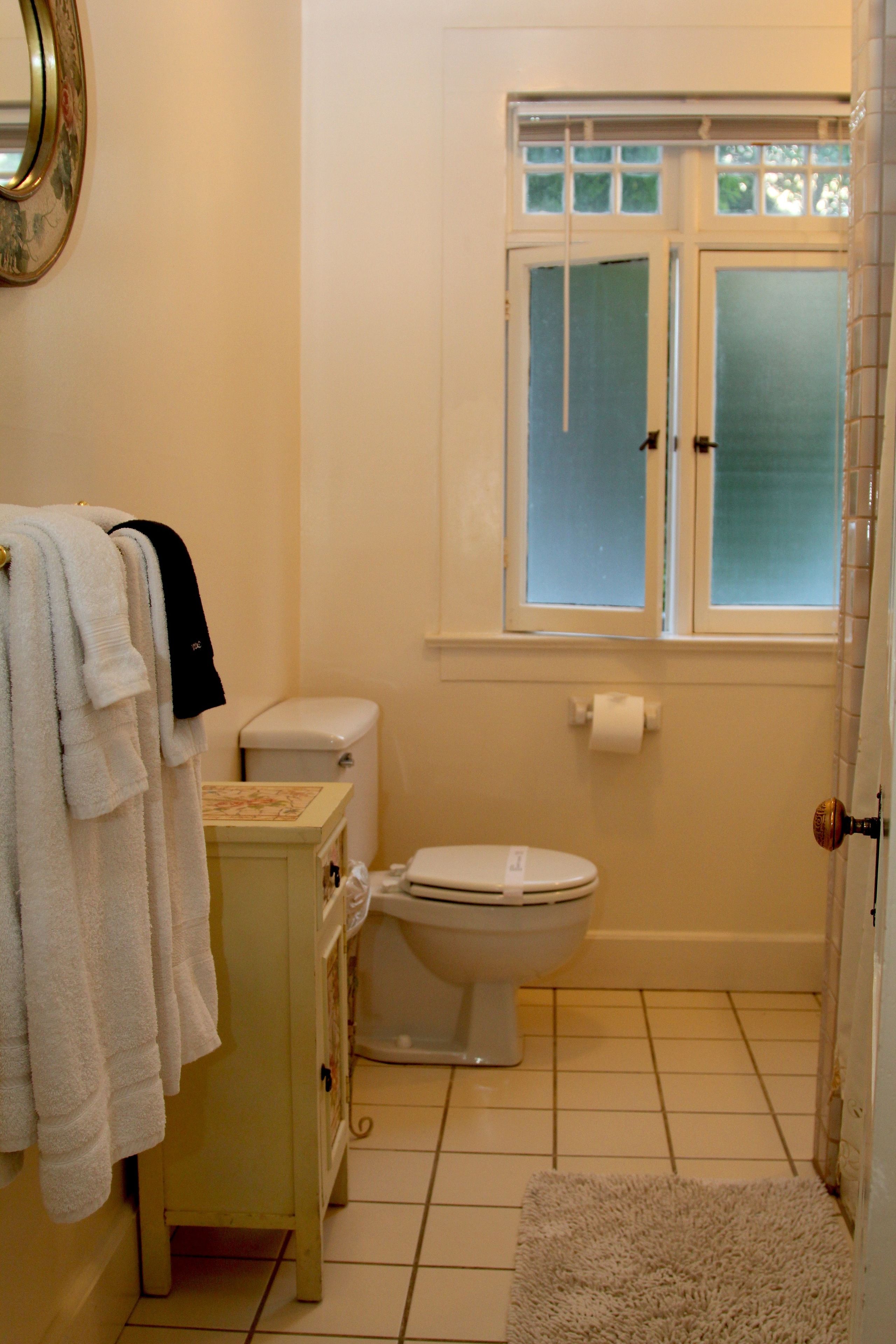 A bathroom with a toilet, a sink, a mirror, and a window.