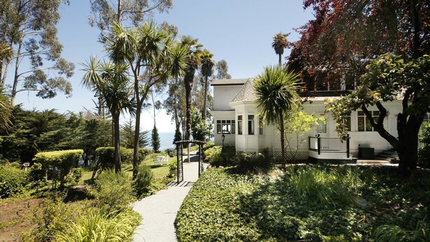 A pathway leading to a building surrounded by lush greenery and trees.