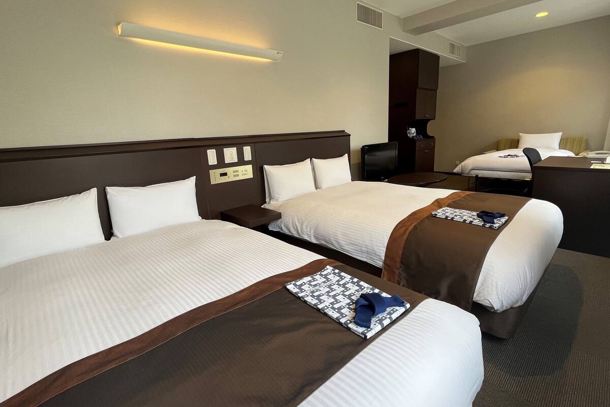 Habitación de hotel con dos camas, un escritorio, una silla, un televisor y un espejo.