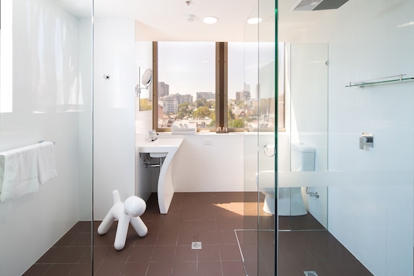 Regadera, amenidades de baño de diseñador, secadora de cabello, toallas